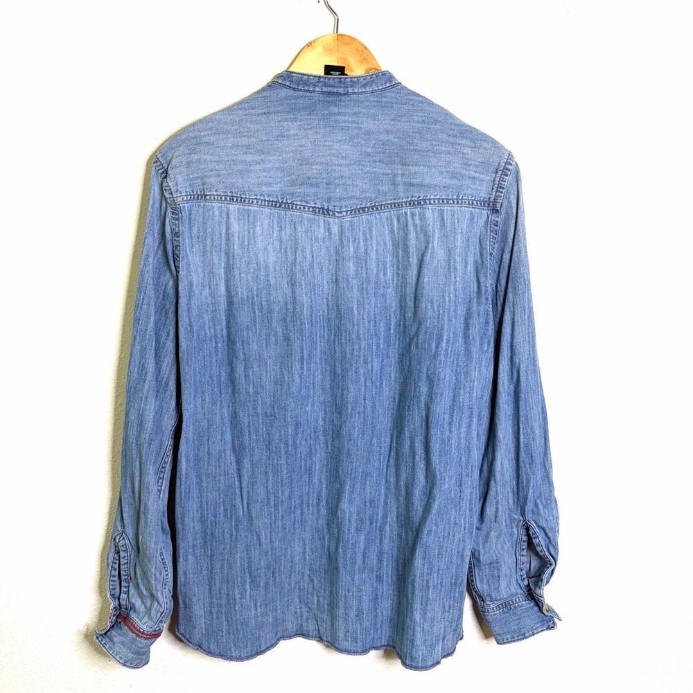 Pearl Snap Make Pizza Not War H&M Blue Denim Down Shirt top embroidered western - Picture 5 of 7